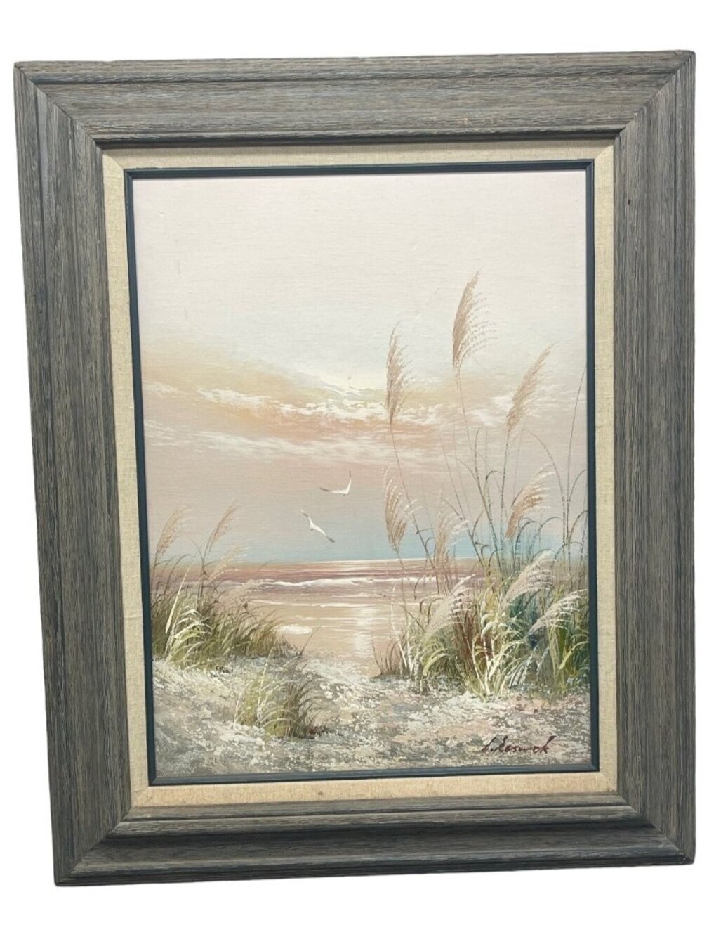 panting beach seascape wood framed wall art work nature signed grass birds READ